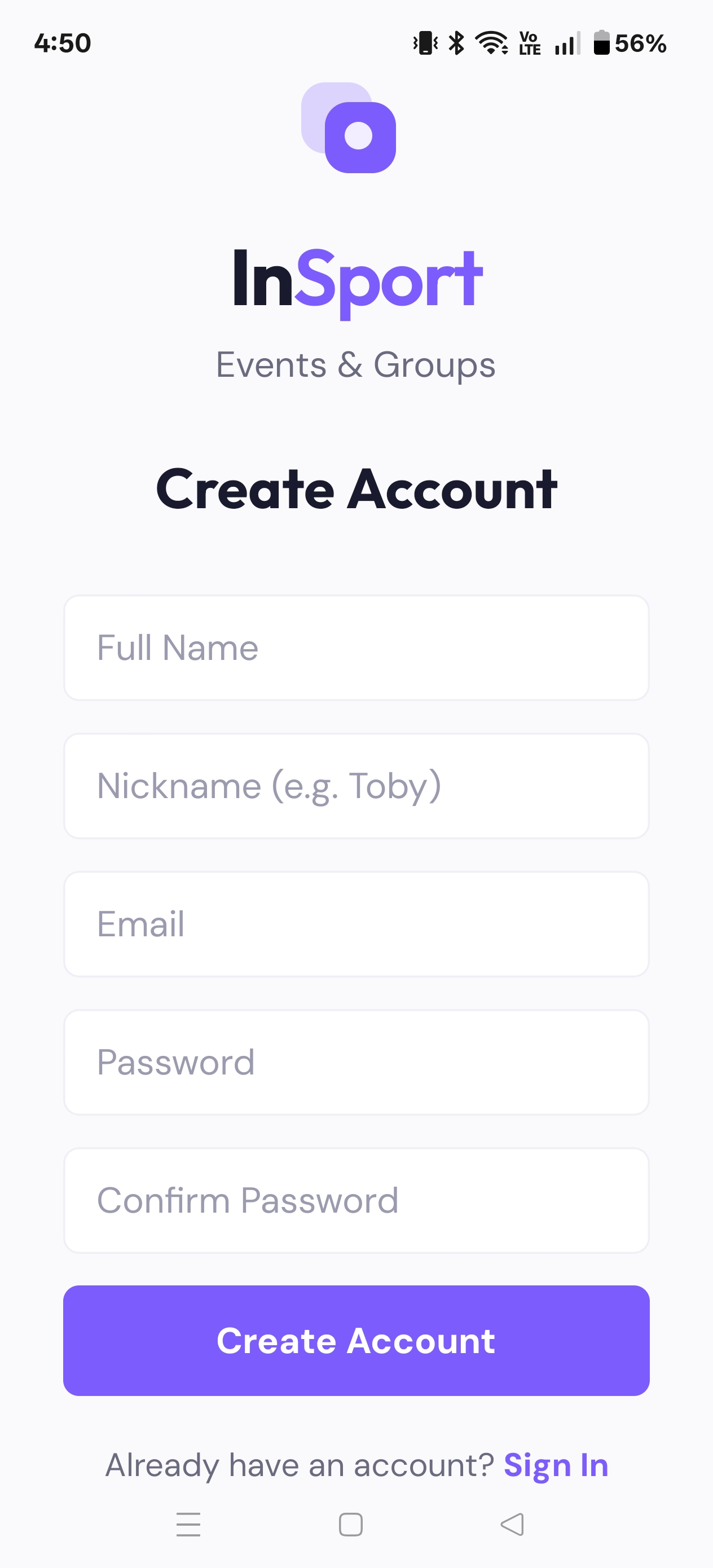 Registration form with nickname field
