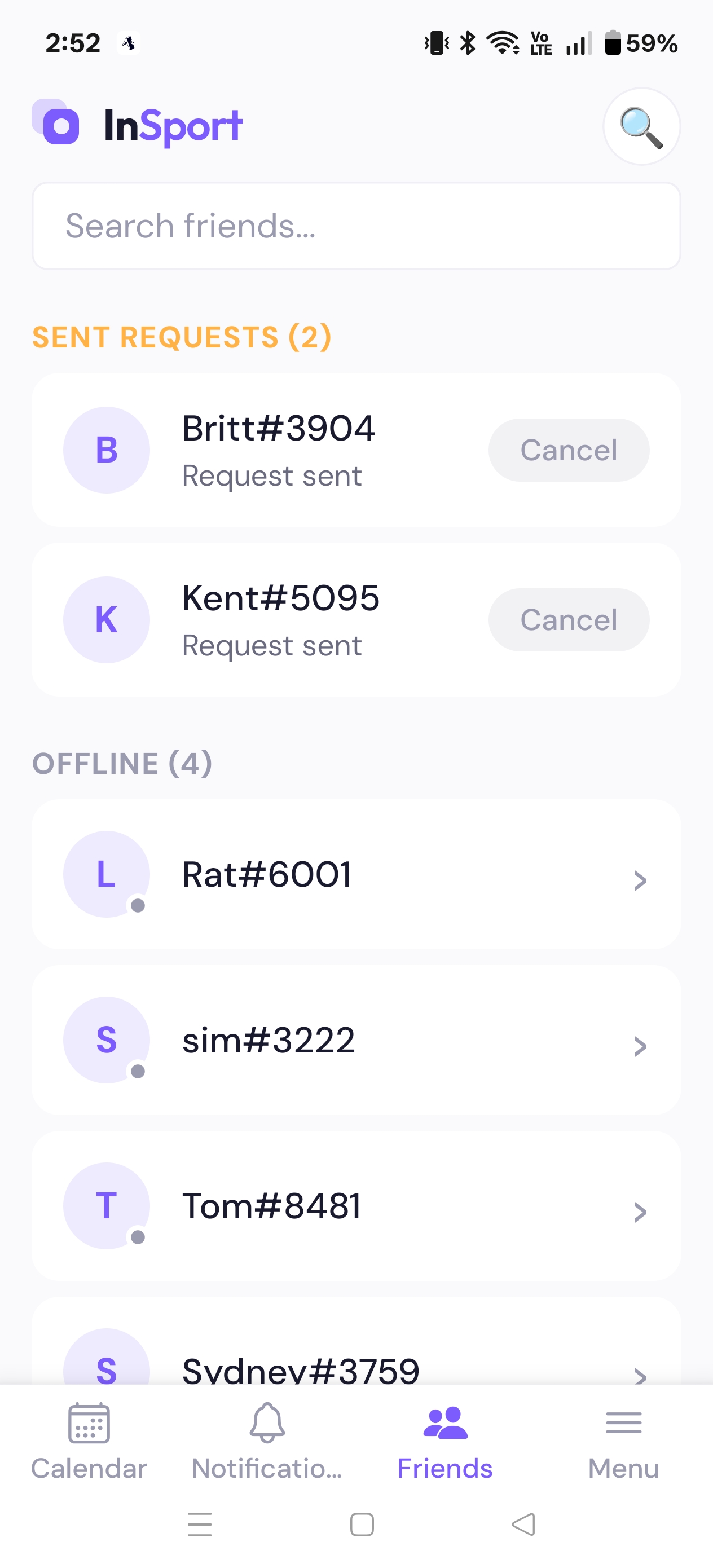 Friends screen — pending requests at top