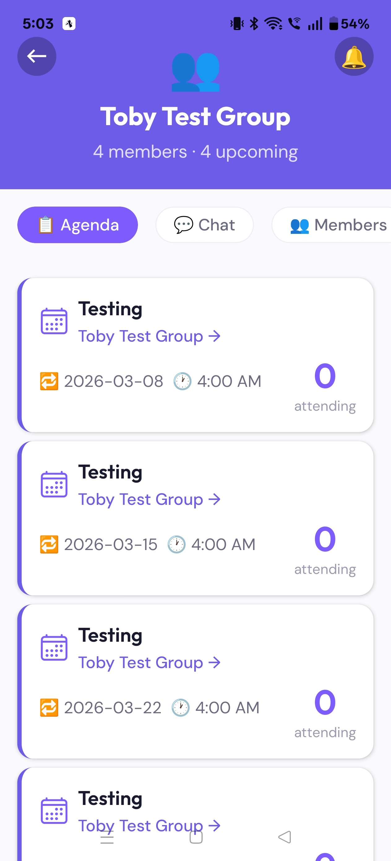 Group detail — events tab