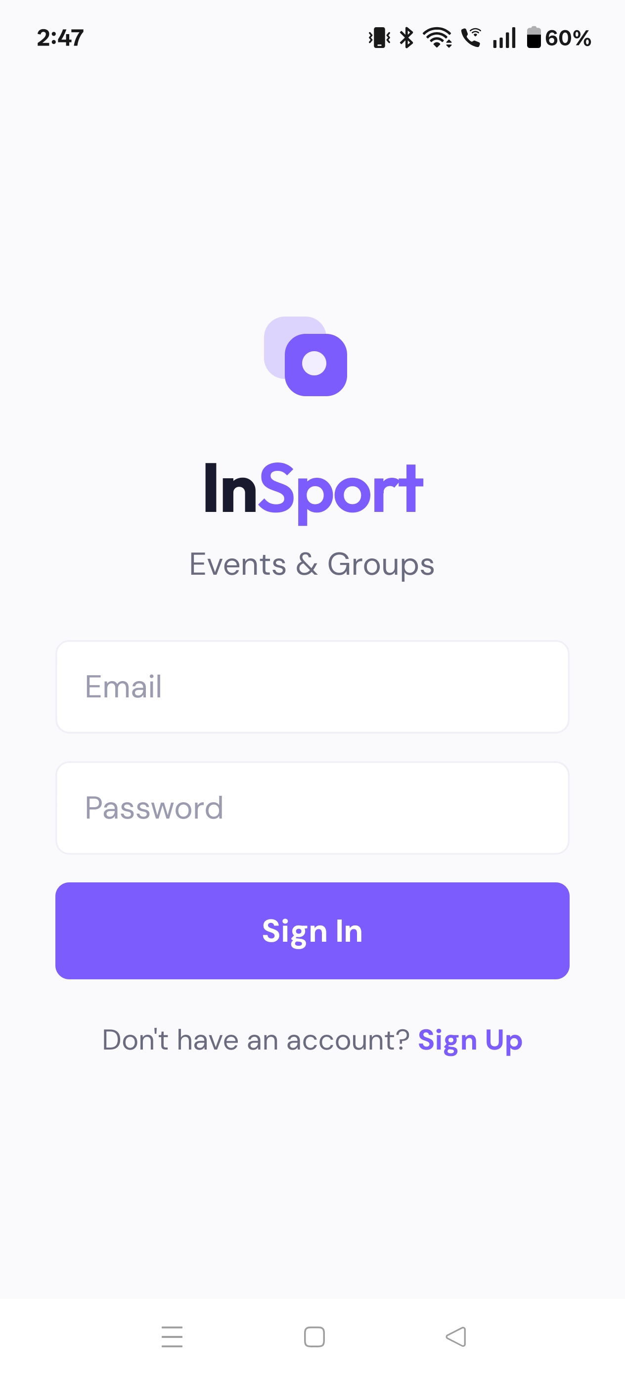 Welcome / Sign Up screen